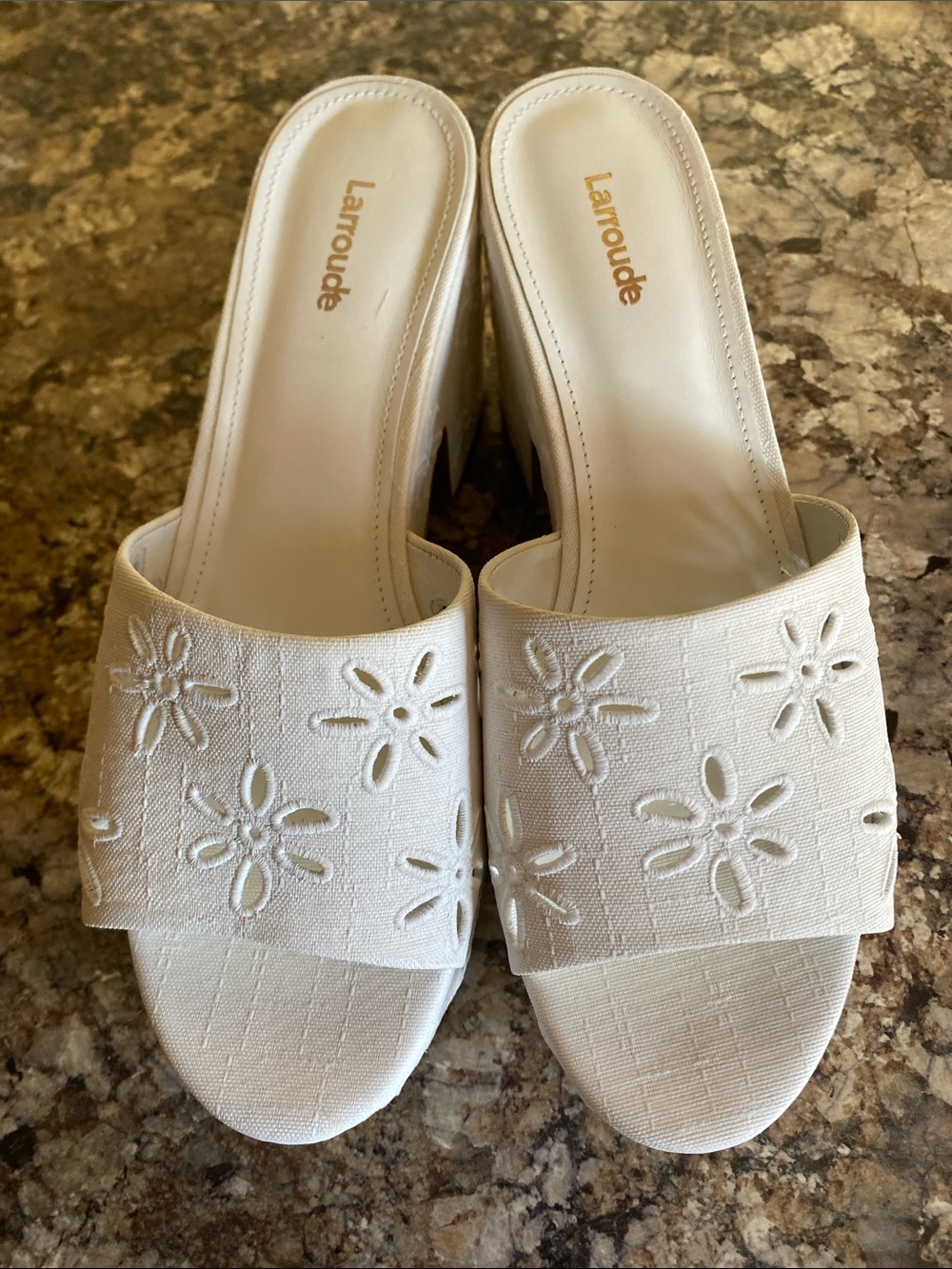 Larroude White Floral Cutout Slide Mules